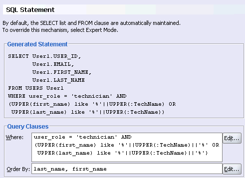Image of SQL Statement page and search for WHERE
