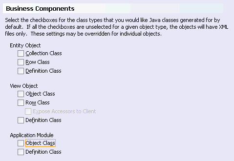 Image shows Business Components preferences dialog