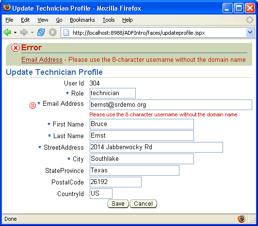 Image of web page for failed rule validation