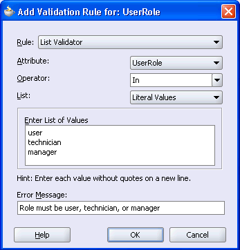 Image of Add Validation Rule dialog for UserRole