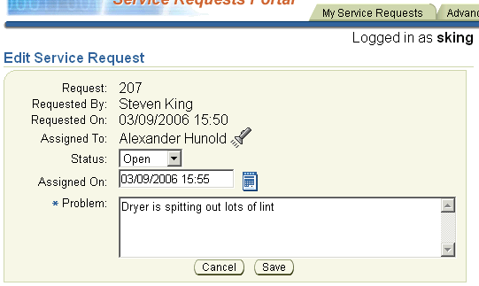 Edit Service Request page showing assigned request