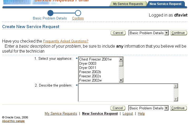 Create service request page to enter product and description