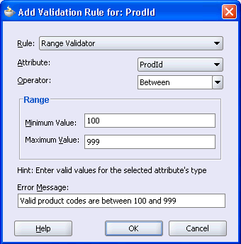 Image shows Add Validation Rule page for ProdId Attribute