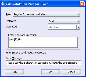 Image of Add Validation Rule dialog for email address