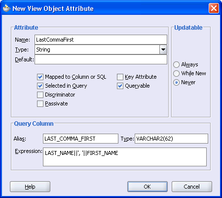 Image of New View Object Attribute dialog