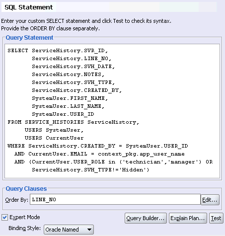 Image of SQL Statement page of View Object editor