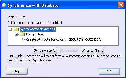 Image shows Synchronize with Database dialog