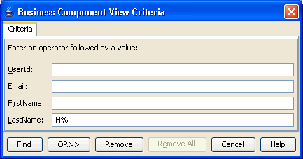 Image of Business Component View Criteria dialog