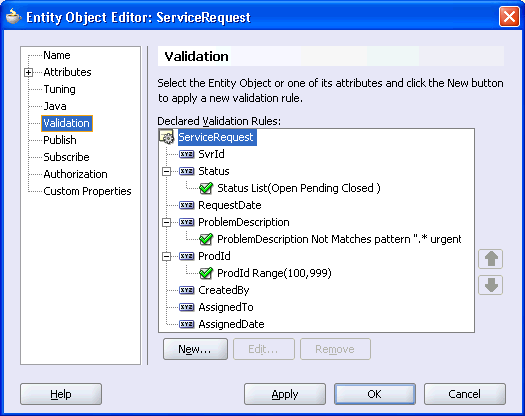 Image shows Validation Page of the Entity Object Editor