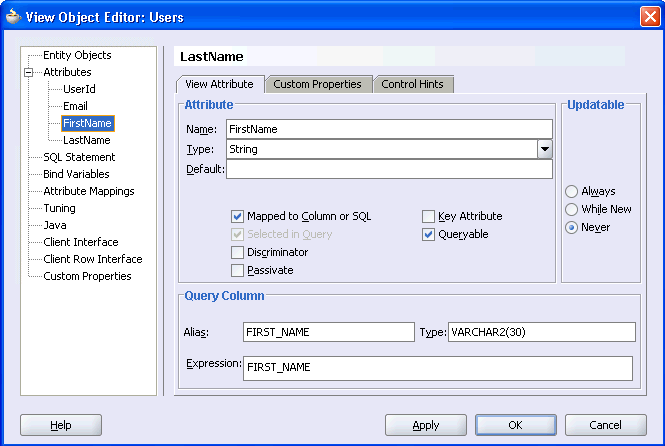 Image of View Object Editor for a view object attribute