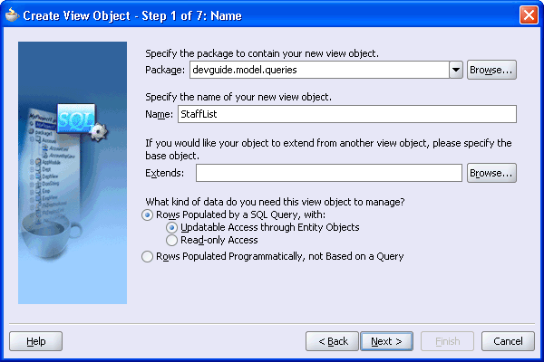 Image of Step 1 of the Create View Object wizard
