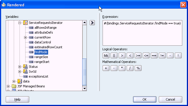 The Expression Builder has the Rendered attribute selected