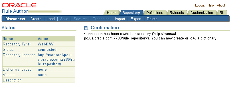 Rule Author WebDAV Repository Connect with Confirmation