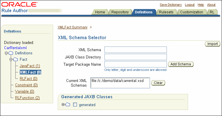 Rule Author Definitions XML Schema Selector