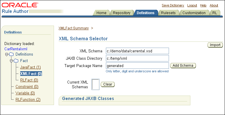 Rule Author XML Schema Selection Page