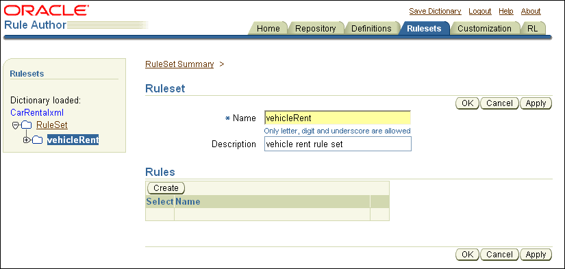 Rule Author RuleSet Page Showing the Create Button