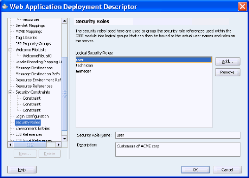 Security roles in Deployment Descriptor editor.