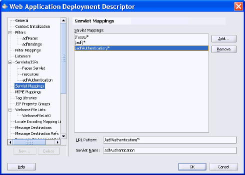 ADF servlet mapping in the Deployment Descriptor editor.