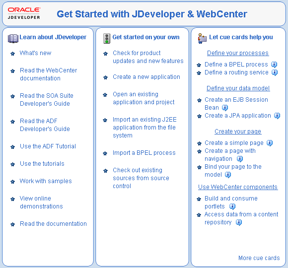Oracle JDeveloper Start Page