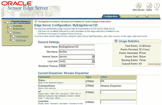 Oracle Sensor Edge Server console