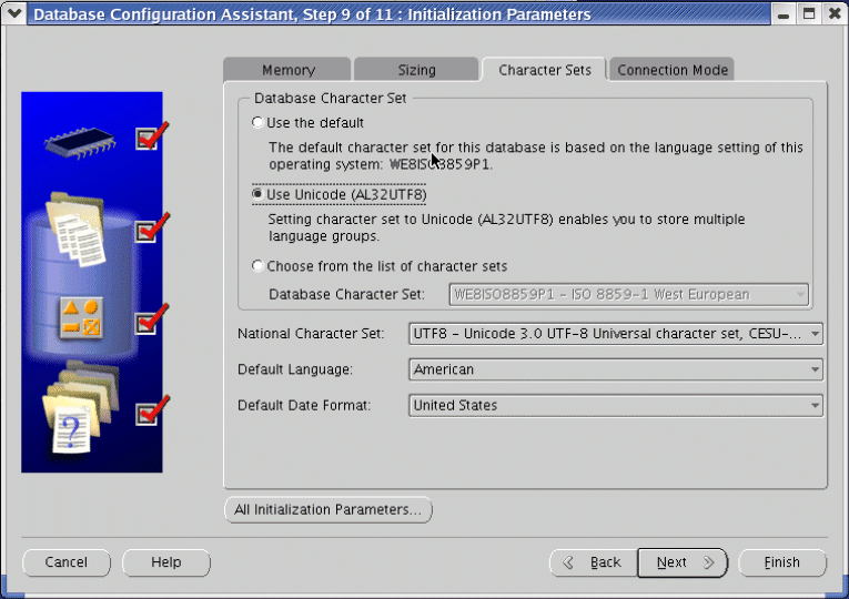 Character Sets Tab of Initialization Parameters Screen