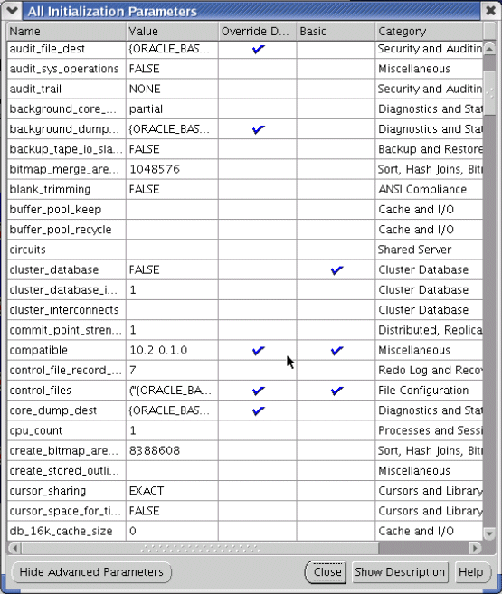 DBCA: All Initialization Parameters Screen