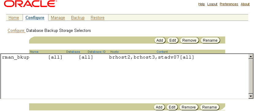 Shows the Database Backup Storage Selectors page. Shows the Database Backup Storage Selectors page.
