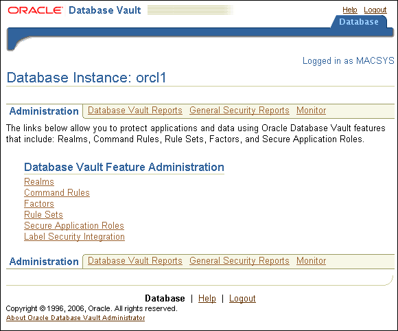 Database Vault Home page Database Vault Home page