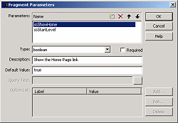 Parameter Selection in Fragment Parameters dialog box