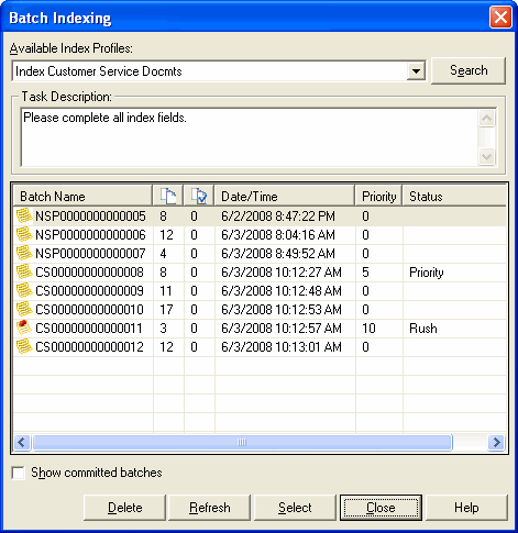 Batch Indexing screen