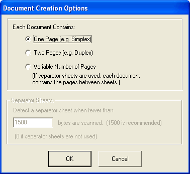 Document Creation Options dialog box