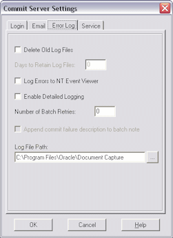 Error log tab of the Commit Server Settings dialog box