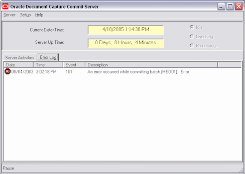 Error Log tab on Commit Server Screen