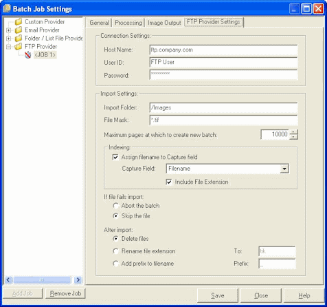 Batch Job Settings, FTP Provider Settings tab