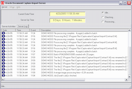 Server Log tab of the Import Server screen