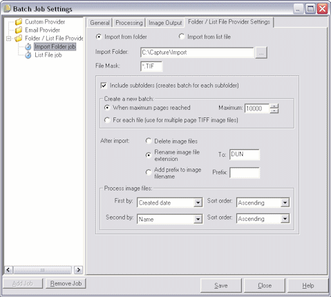Batch Job Settings, Folder/List File Provider Settings tab