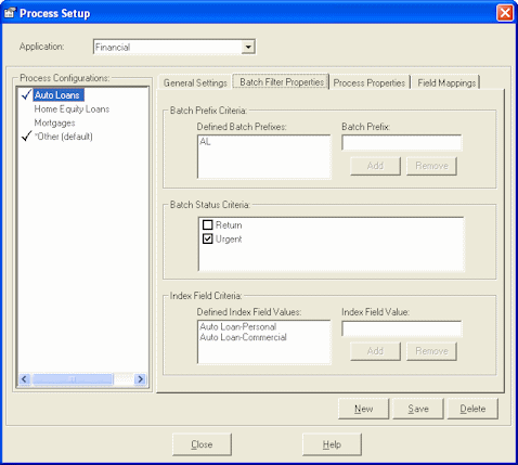 Process Setup Batch Filter Properties tab