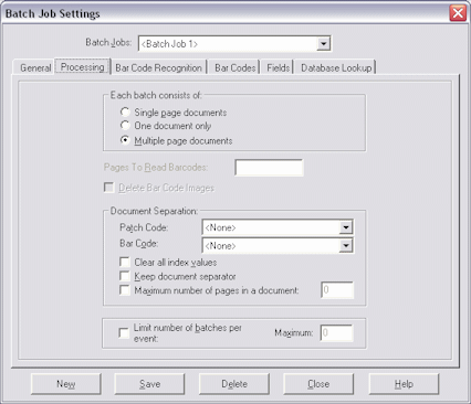 Recognition Server Batch Job Settings, Processing Tab