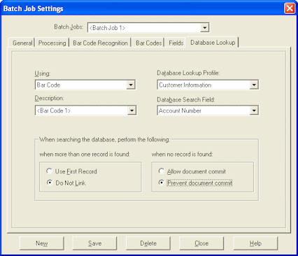 Recognition Server Batch Job Settings, Database Lookup Tab
