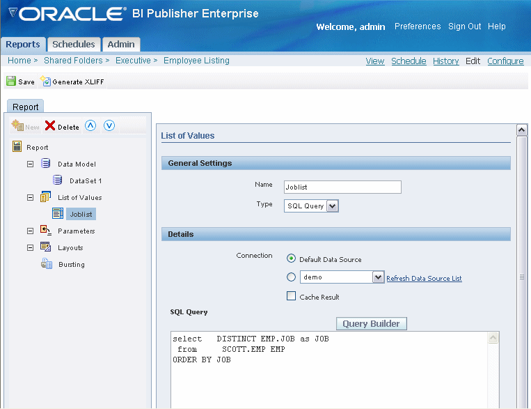 Schema van Oracle Business Intelligence Publisher.