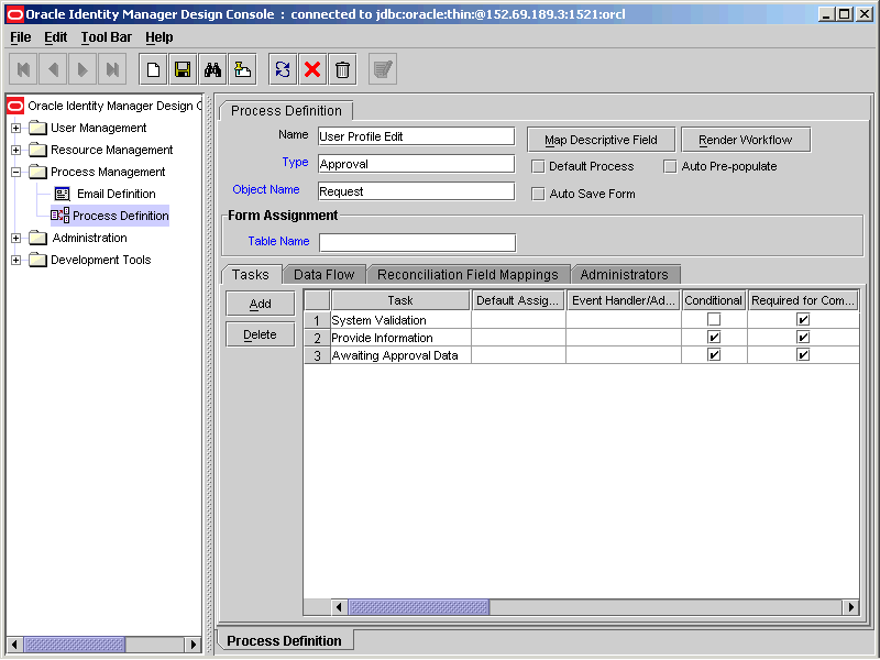 Task tab of the Process Definition Form