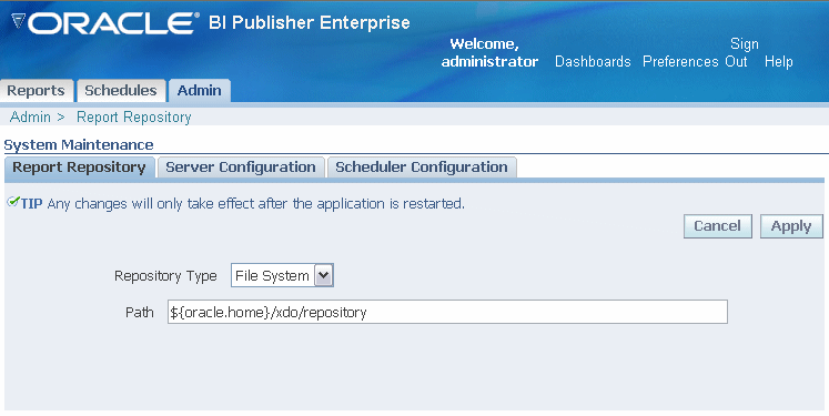 BI Publisher Admin page to update the Report Repository.
