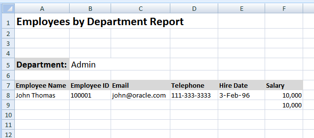 Employee by Department template showing the hire date