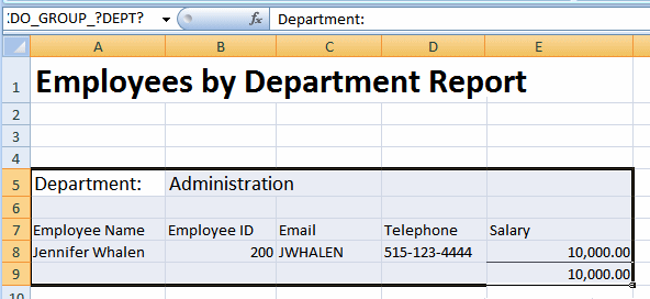 Department Name Cell and all employee fields