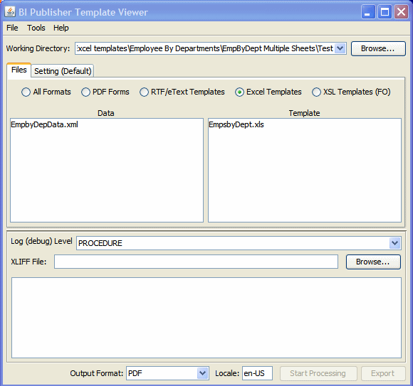 Data and Template regions showing all .xml and .xls files