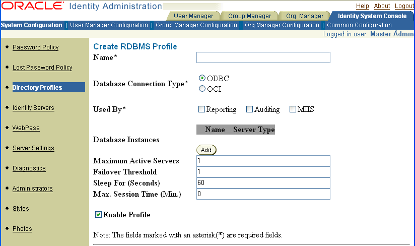 Image of Create RDBMS page.