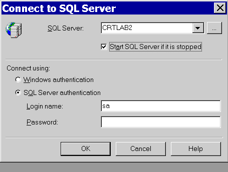 Image of File, Connect window for SQL server.
