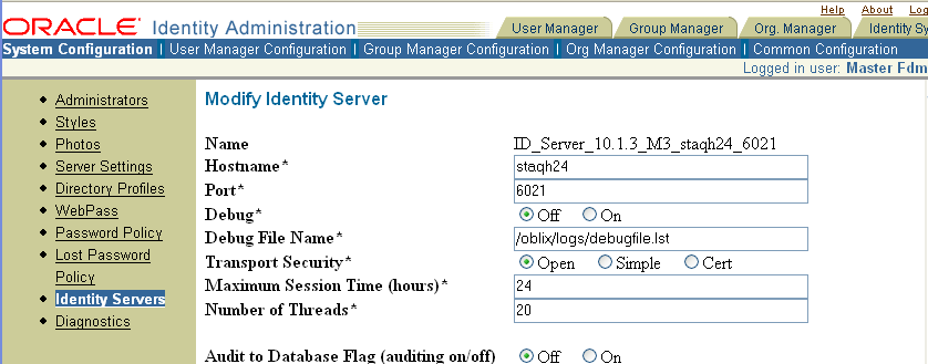 Image of Modify Identity Server page.