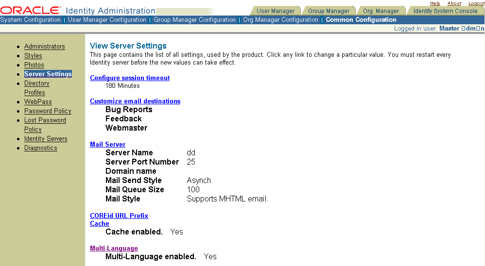 Image of the Server Settings page.