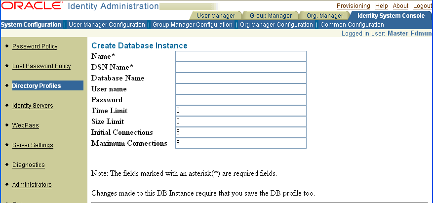 Image of database configuration page.